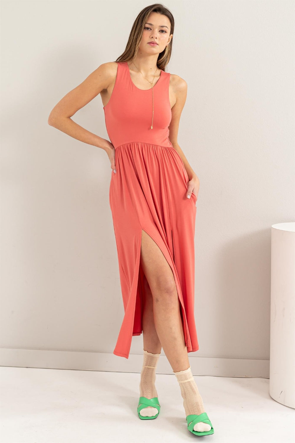 SHIRLYN - Sleeveless Slit Midi Dress