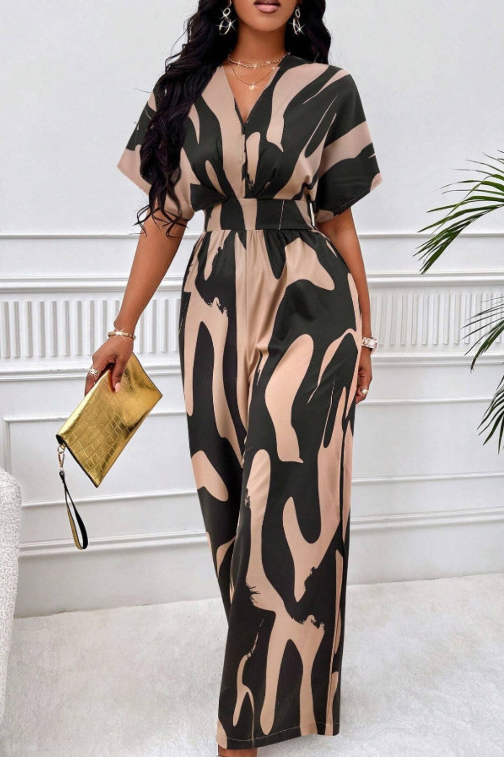 Printed V-Neck Short Sleeve Wide Leg Jumpsuit