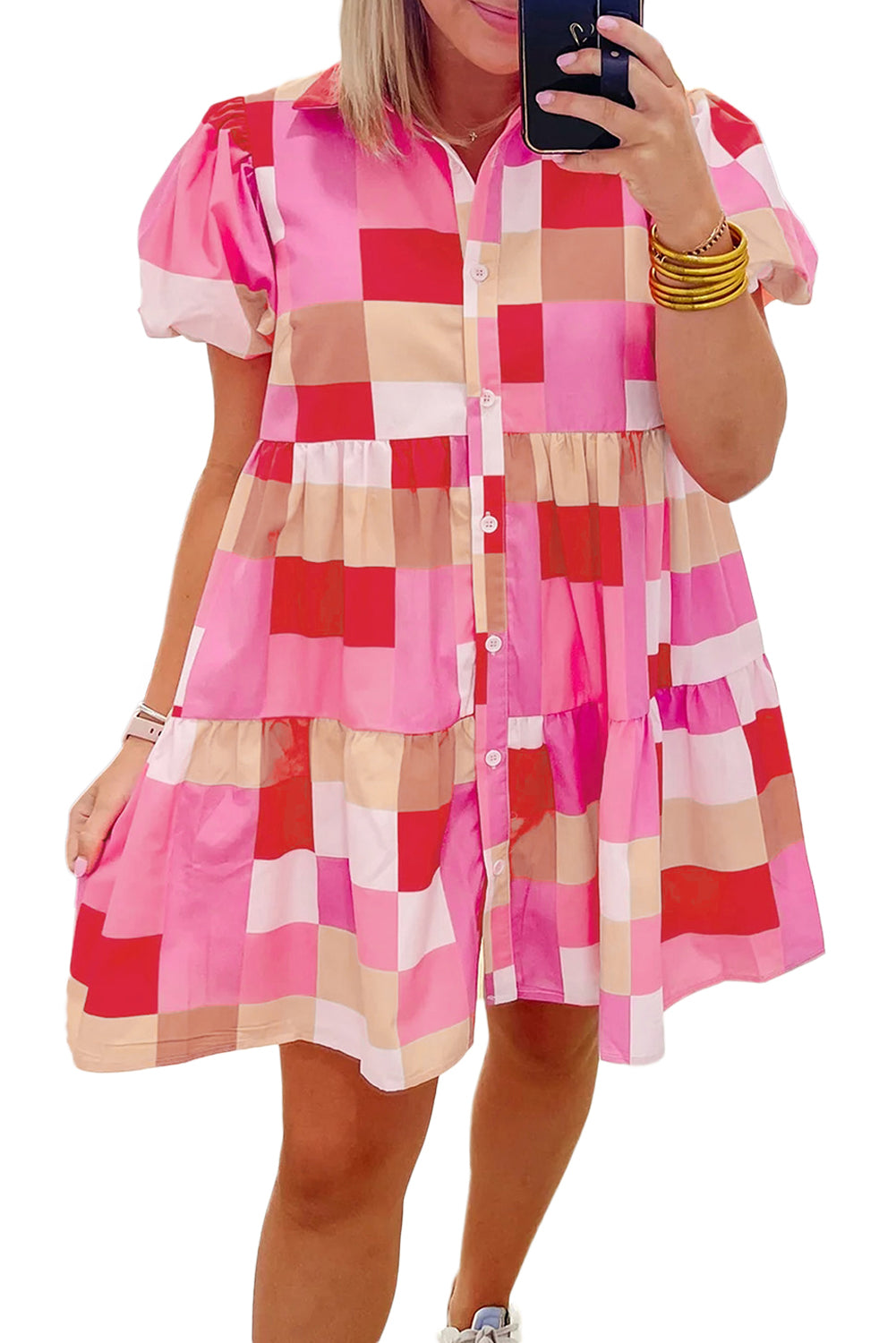 Pink Colorblock Plaid Puff Sleeve Tiered Mini Dress