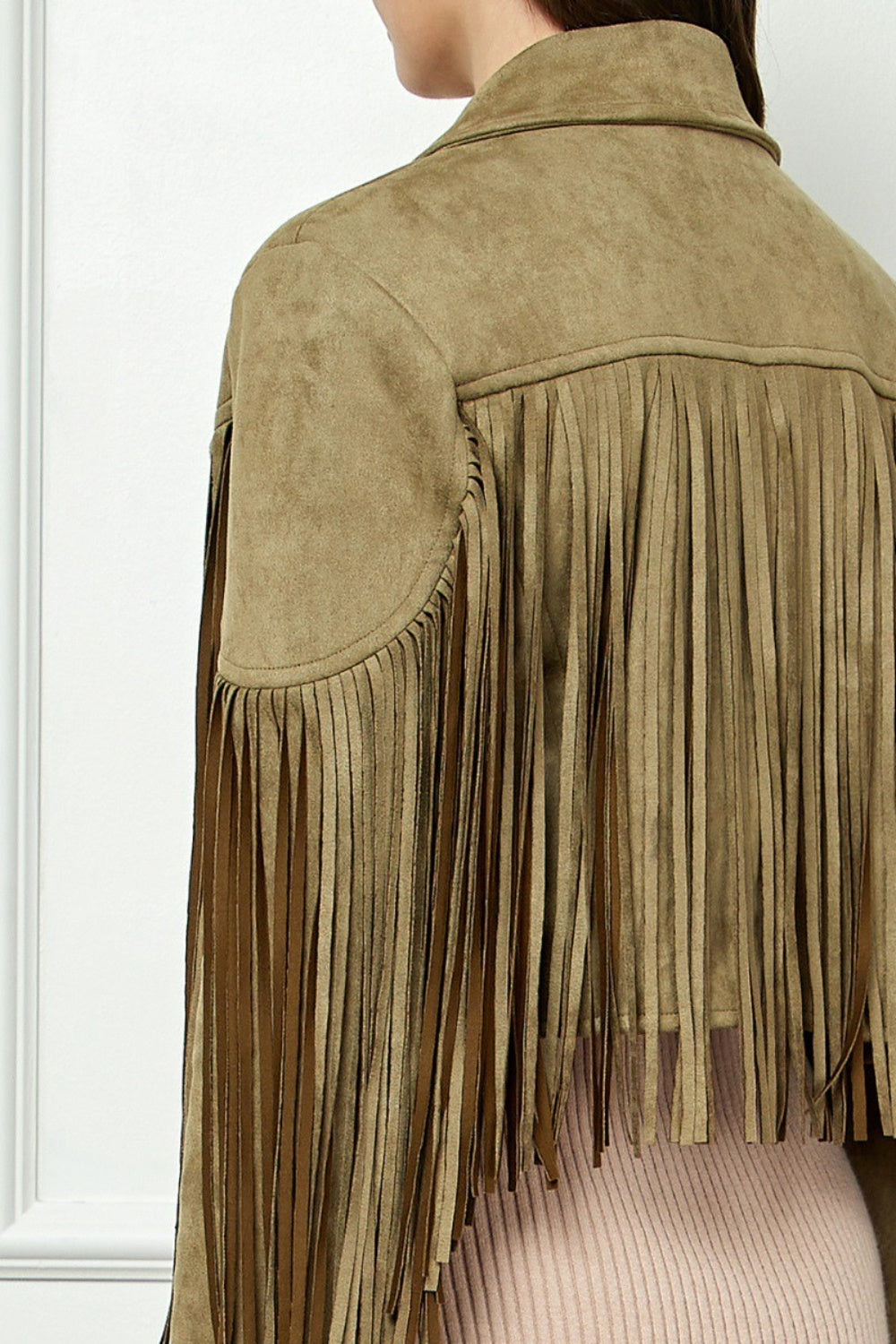 SHIRLYN - Veveret Suede Fringe Long Sleeve Moto Jacket