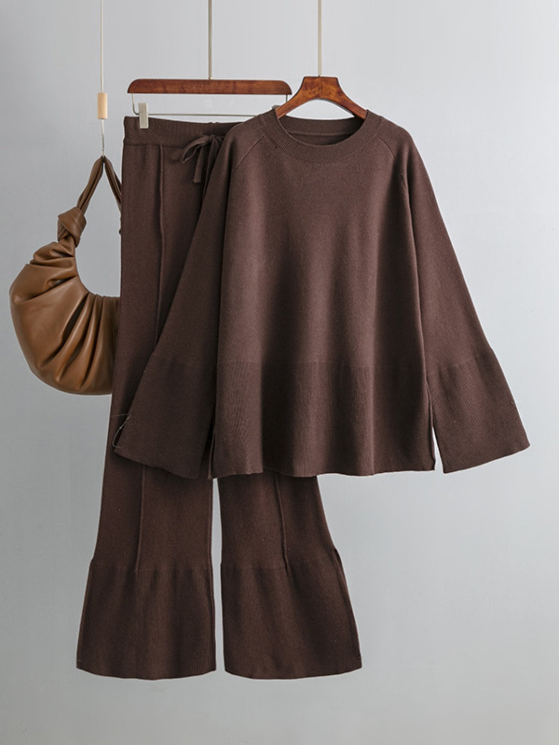 SHIRLYN Slit Round Neck Long Sleeve Top and Drawstring Pants Sweater Set