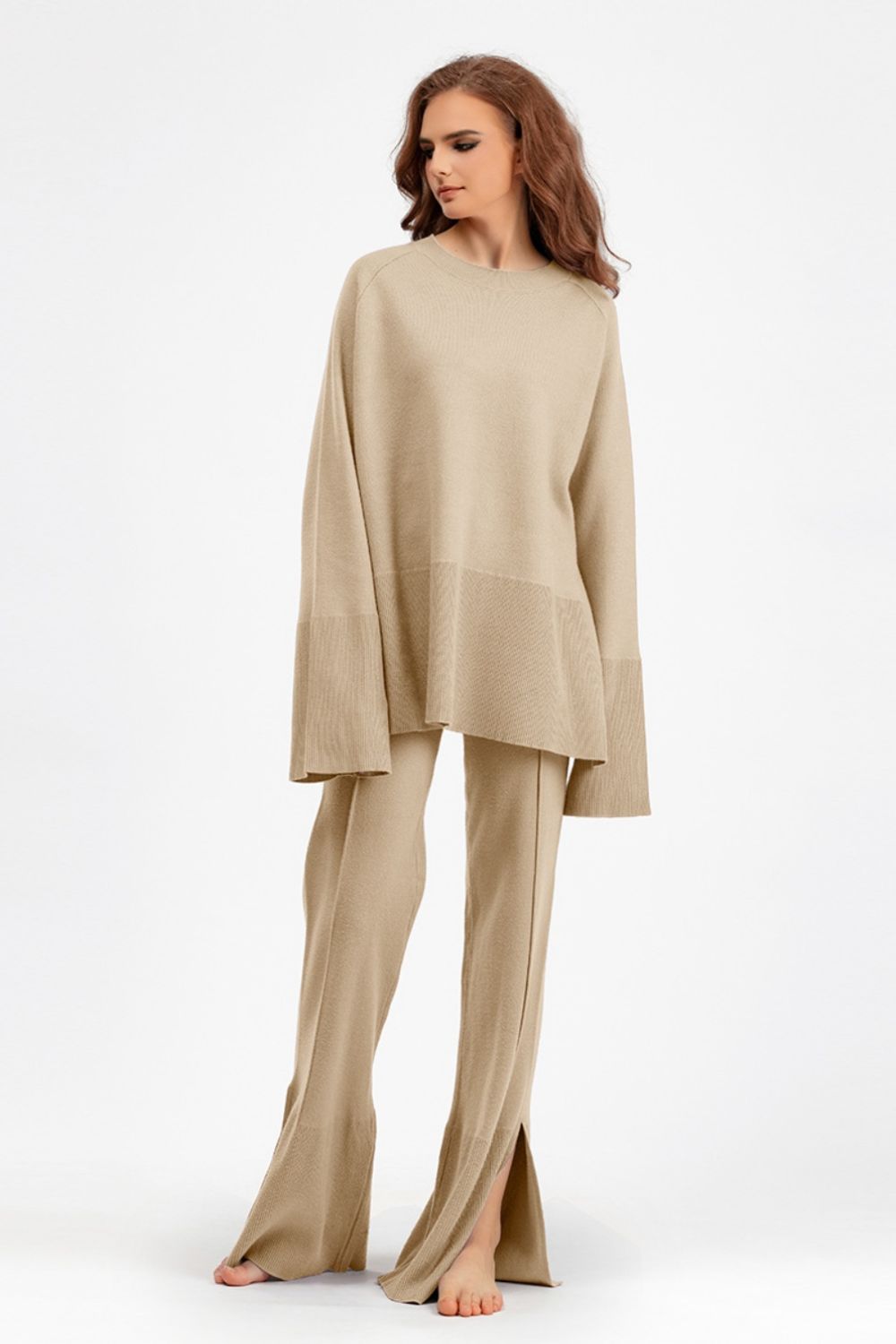 SHIRLYN Slit Round Neck Long Sleeve Top and Drawstring Pants Sweater Set