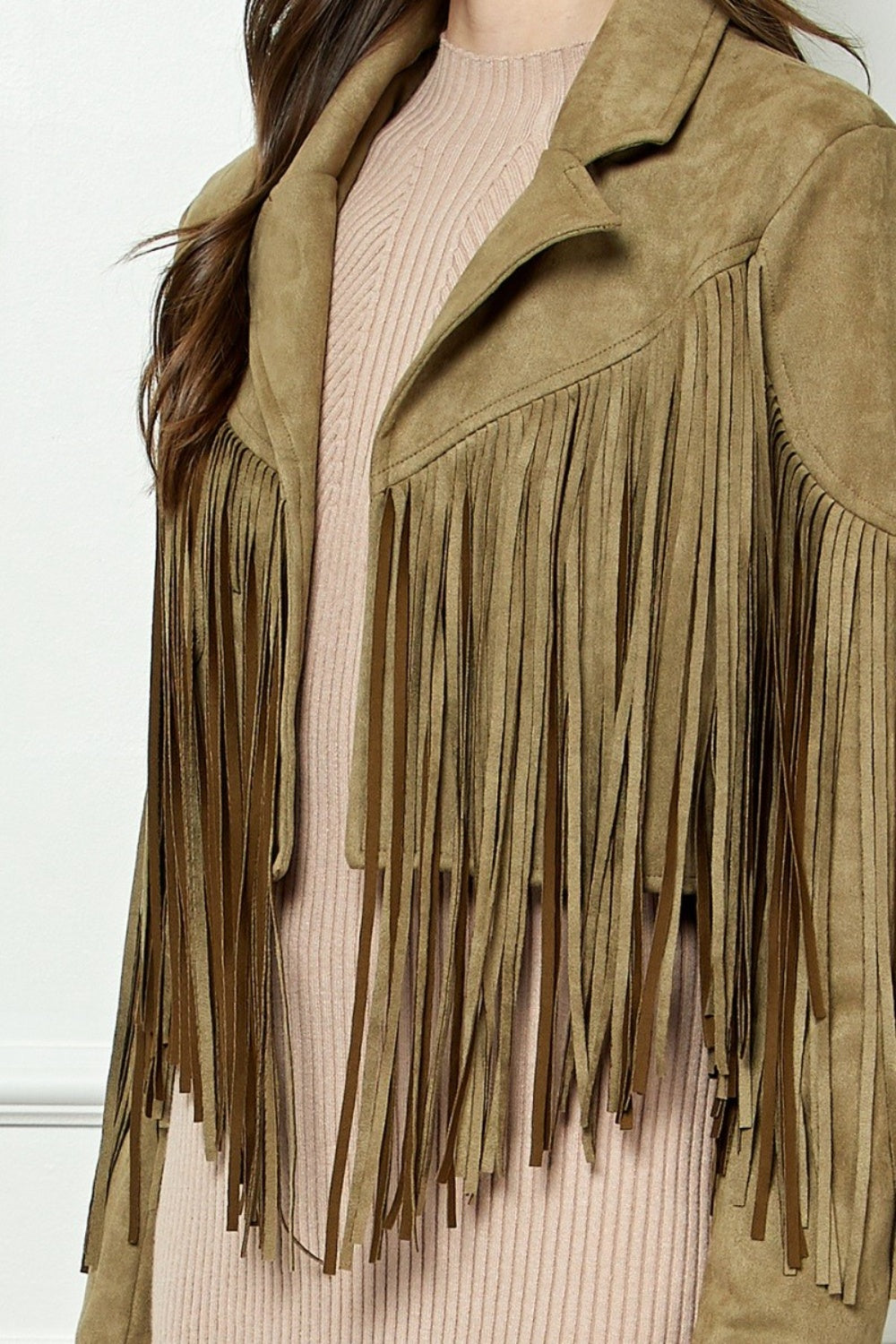 SHIRLYN - Veveret Suede Fringe Long Sleeve Moto Jacket