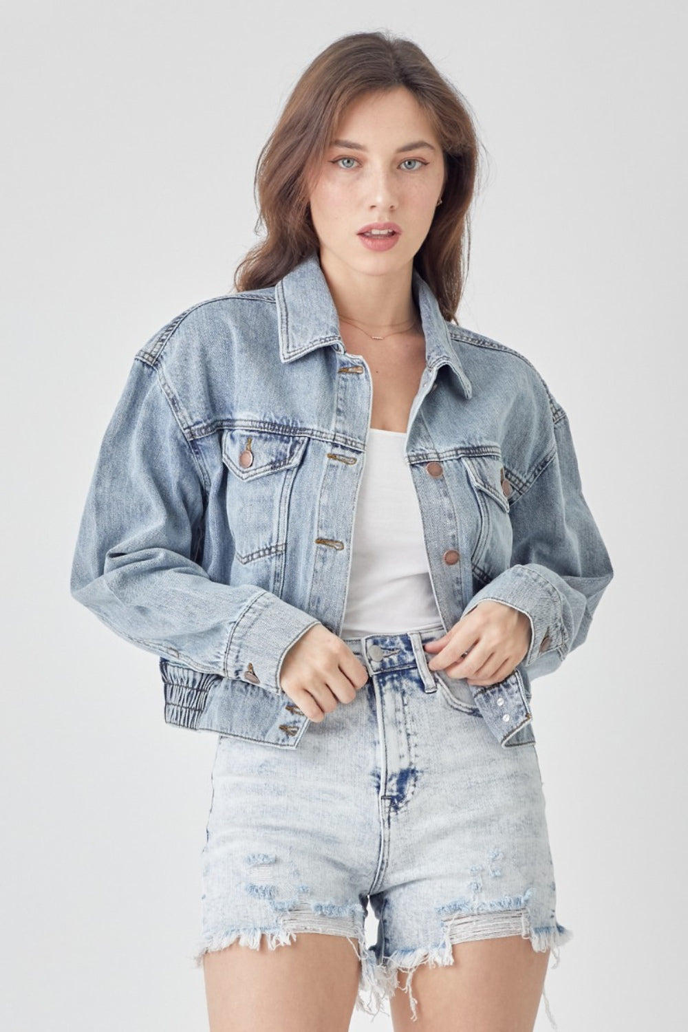 SHIRLYN Full Size Button Down Cropped Denim Jacket