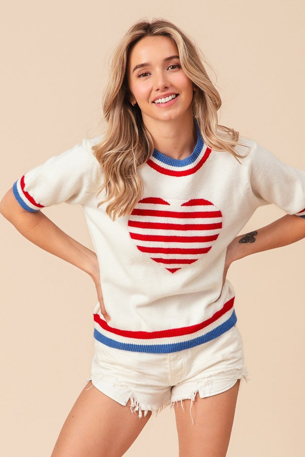 SHIRLYN US Flag Theme Striped Heart Sweater