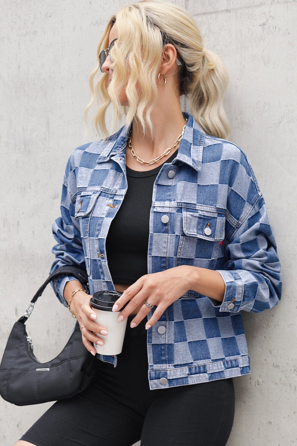 SHIRLYN - Checkered Button Up Long Sleeve Denim Jacket