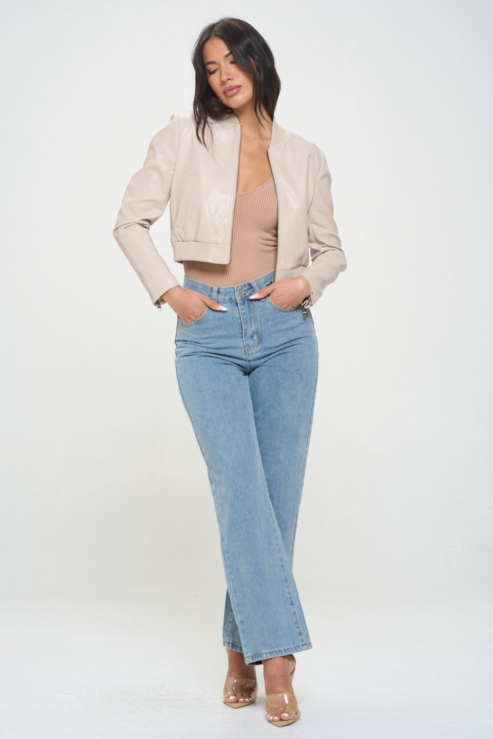 SHIRLYN.CO LA Zip Up Cropped Bomber Jacket