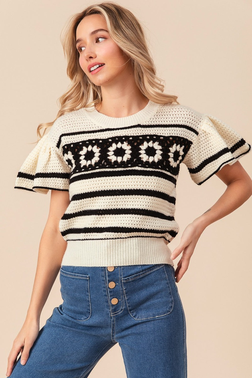 SHIRLYN Granny Square Short Sleeve Striped Sweater