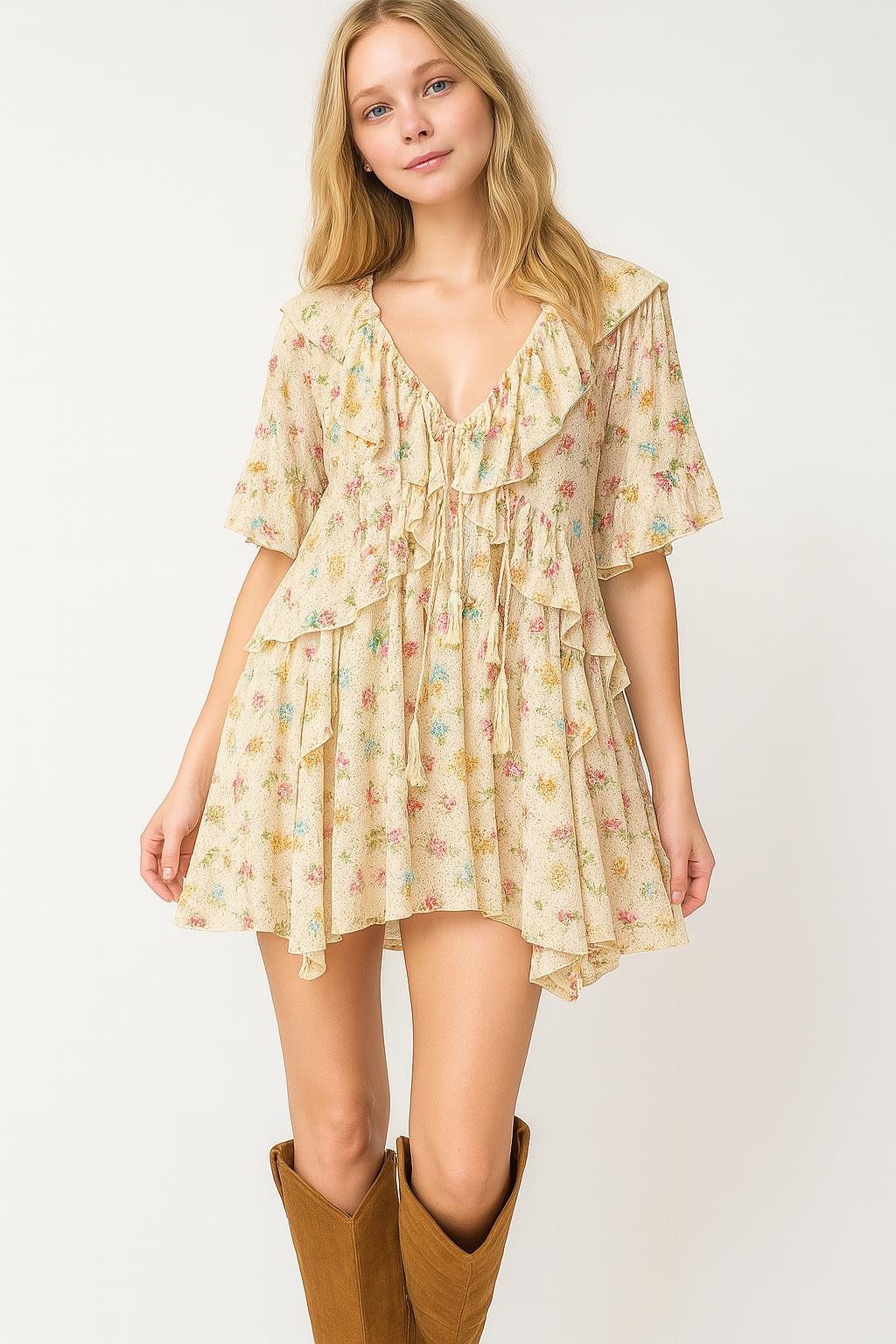 Boho Floral Tassel Tie V Neck Ruffle Wide Sleeve Mini Dress