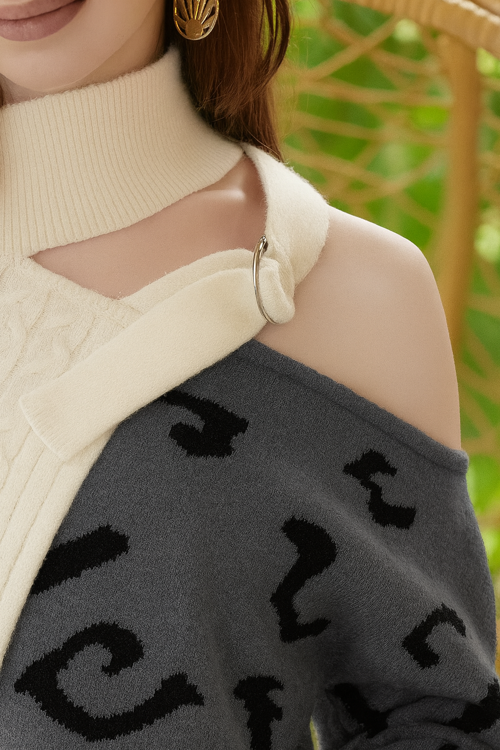 Cable-Knit Color Block One Shoulder Asymmetrical Sweater