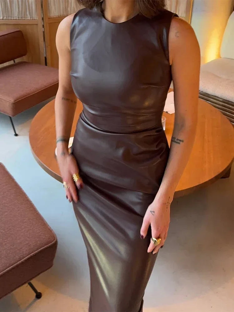 Slim fit PU ankle-length maxi dress for women in solid color – high street fashion, sleeveless with O-neck design.