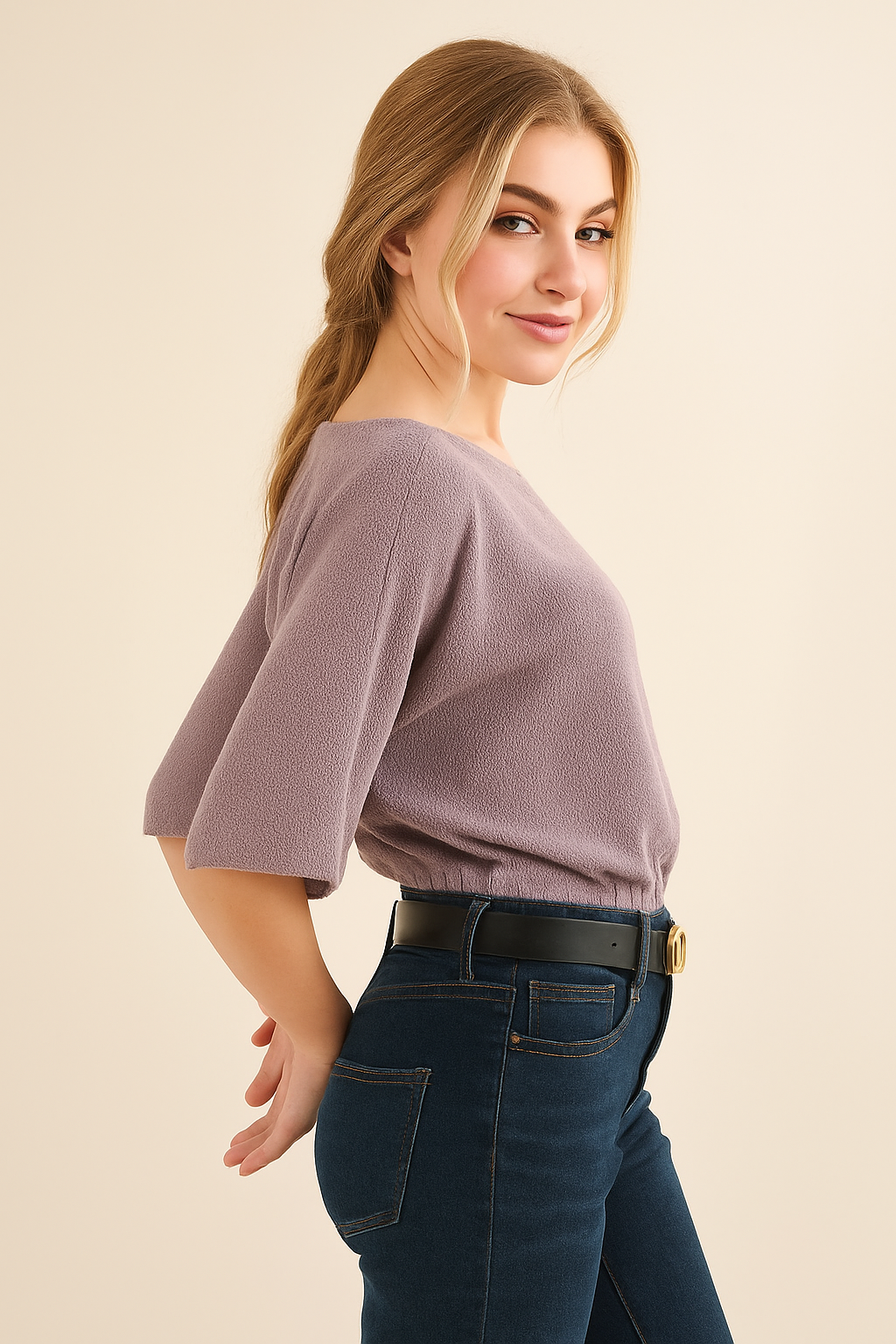 Women's oversized thermal knit top with dolman sleeves in polyester – cozy casualwear in a neutral tone