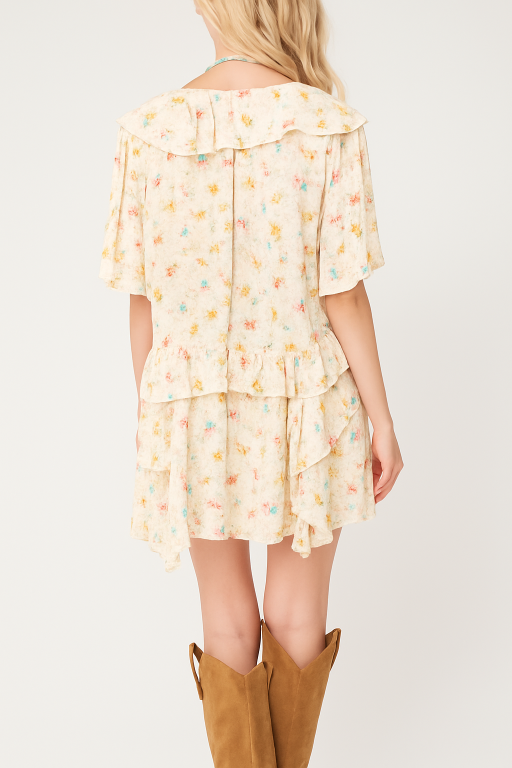 Boho Floral Tassel Tie V Neck Ruffle Wide Sleeve Mini Dress