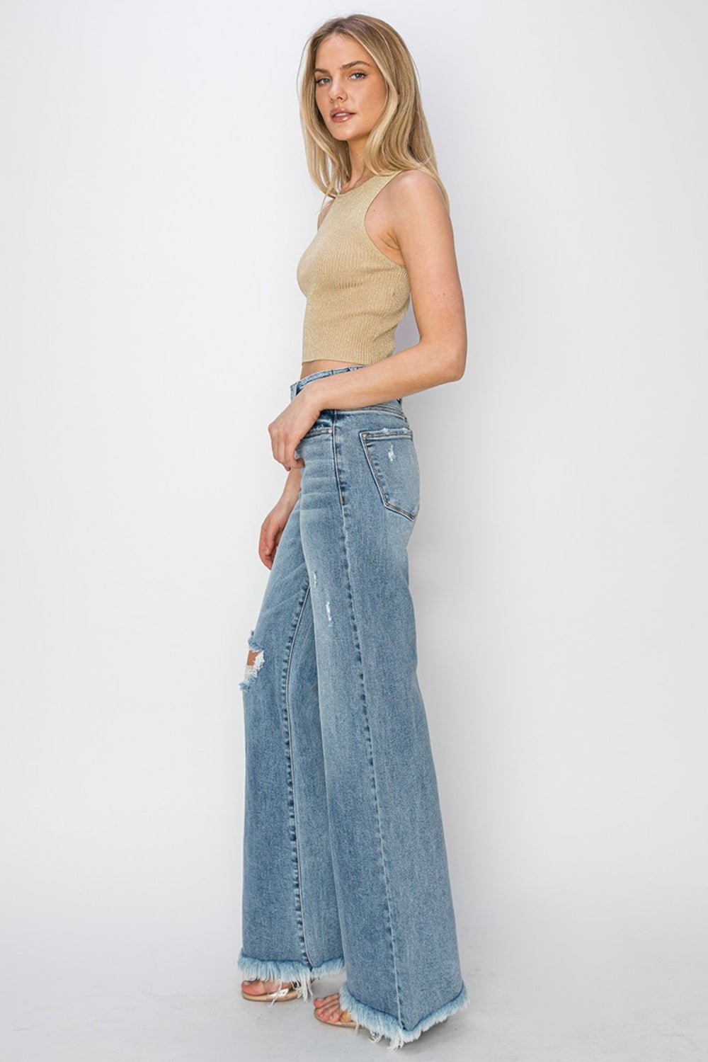 SHIRLYN Mid Rise Button Fly Wide Leg Jeans