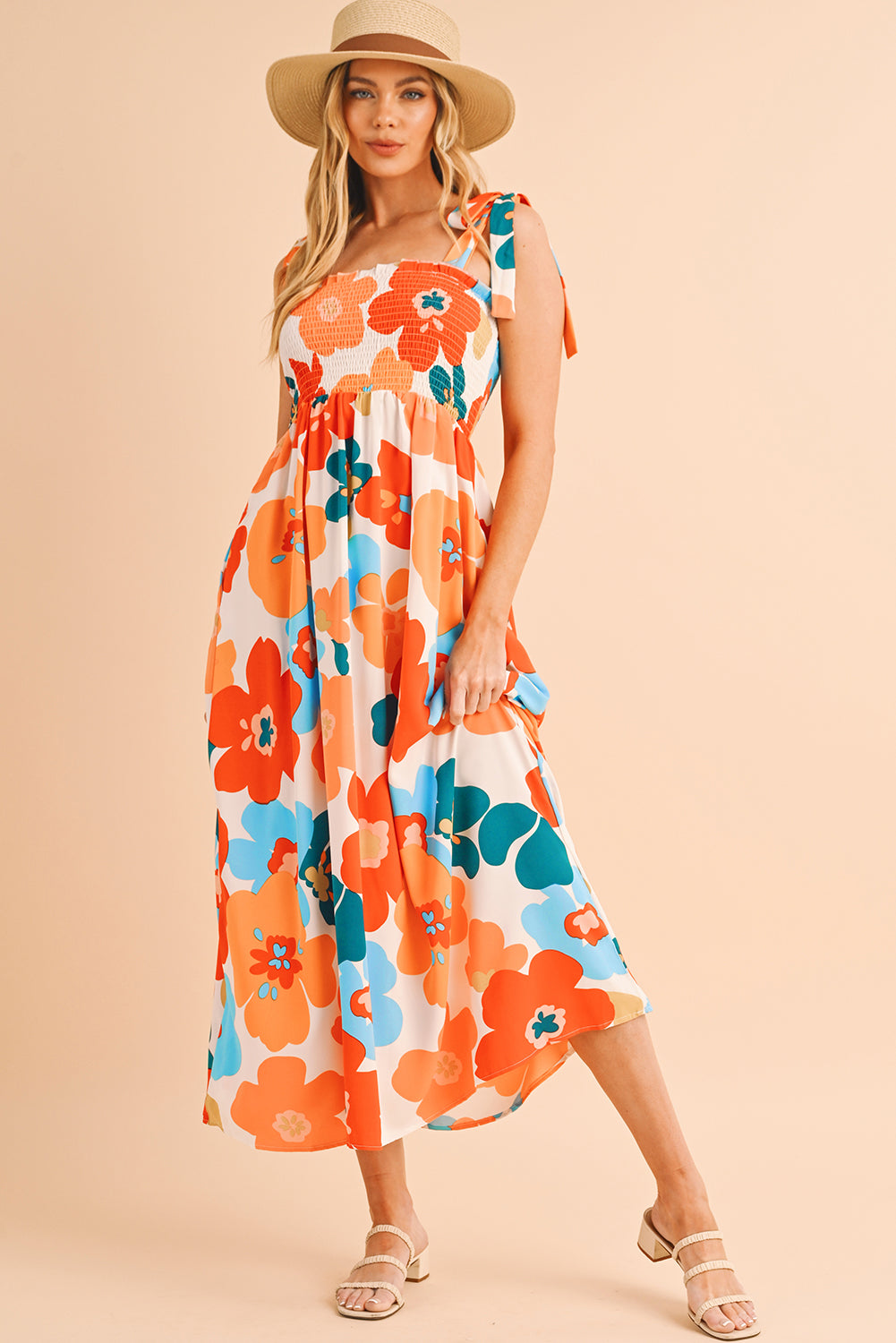 Orange 60s Floral Printed Shoulder Tie Smocked Maxi Dress