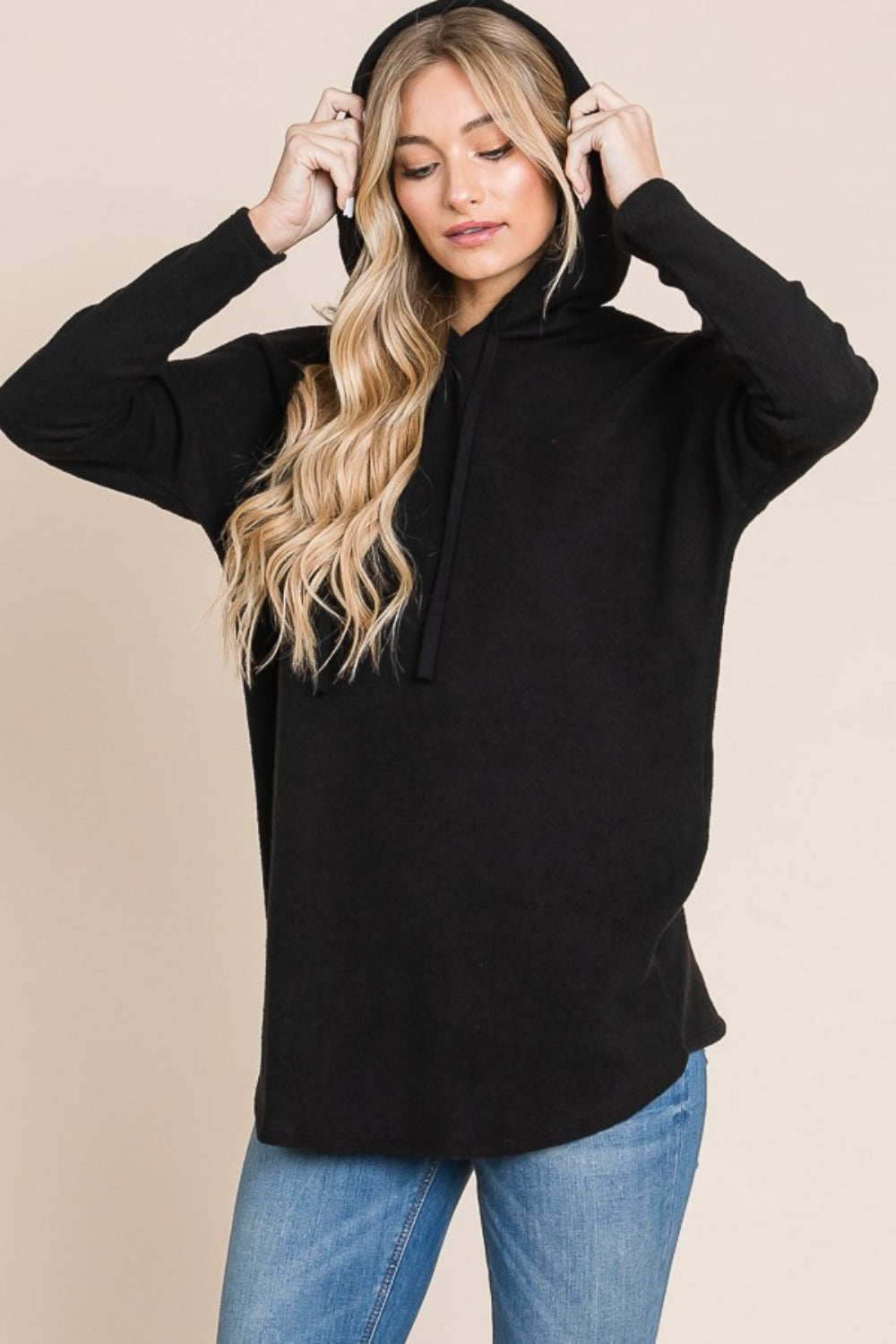 SHIRLYN Contrast Drawstring Drop Shoulder Knit Hoodie