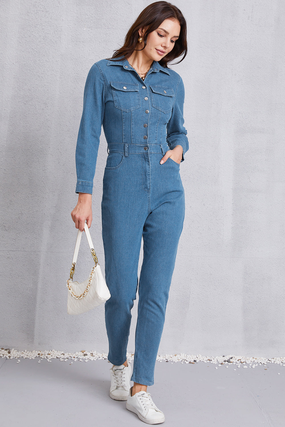 SHIRLYN Snap Down Denim Jumpsuit with Pockets