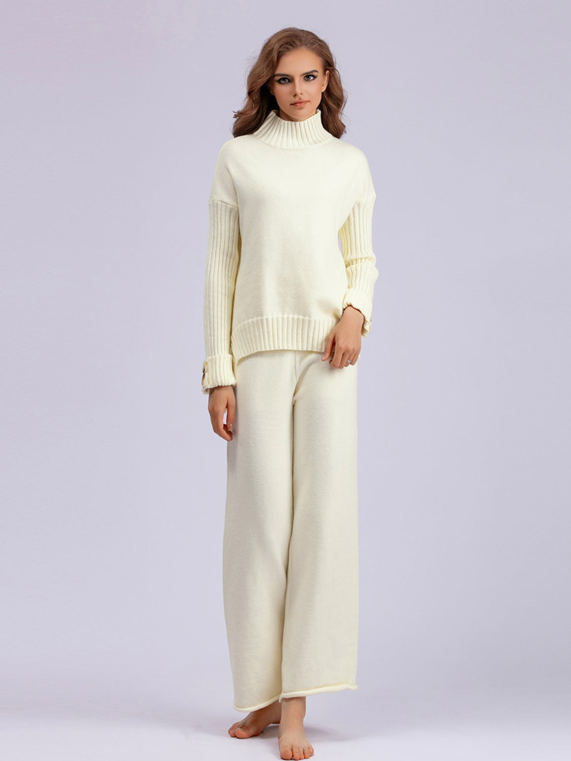 SHIRLYN High- Low Turtleneck Long Sleeve Top and Pants Sweater Set