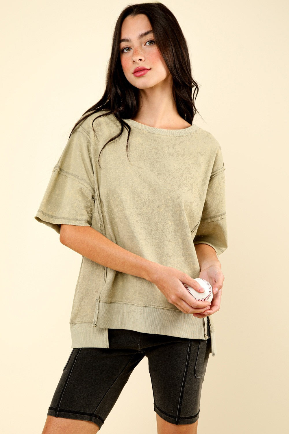 SHIRLYN - Round Neck Exposed Seam Slit T-Shirt