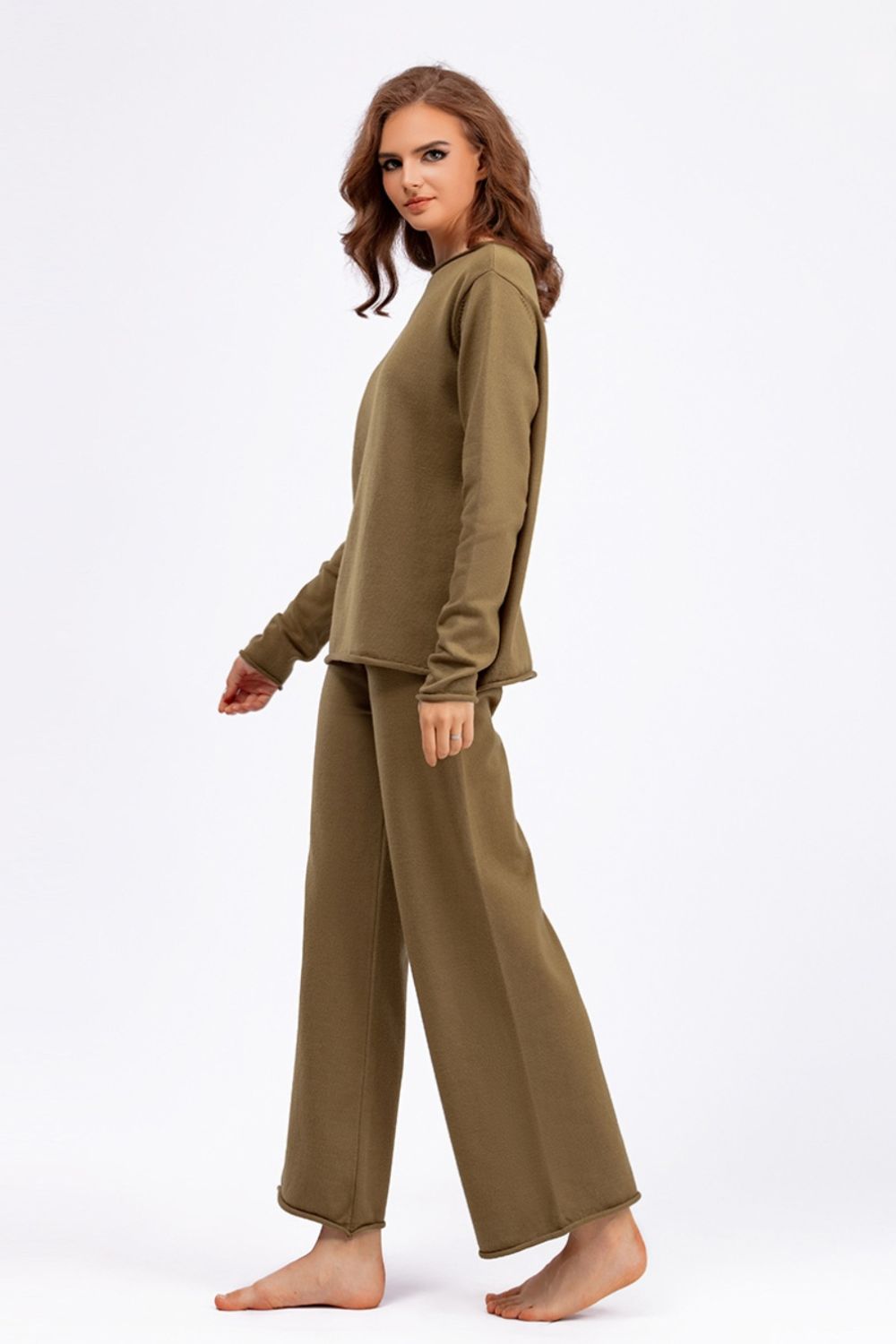 SHIRLYN Rolled Round Neck Top and Pants Sweater Set