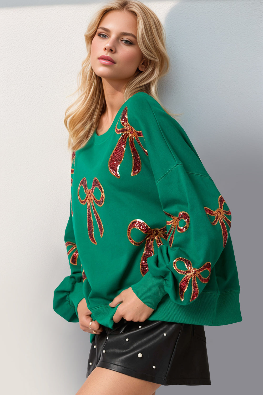 SHIRLYN Take Christmas Bow Sequin Round Neck Dropped Shoulder Sweatshirt