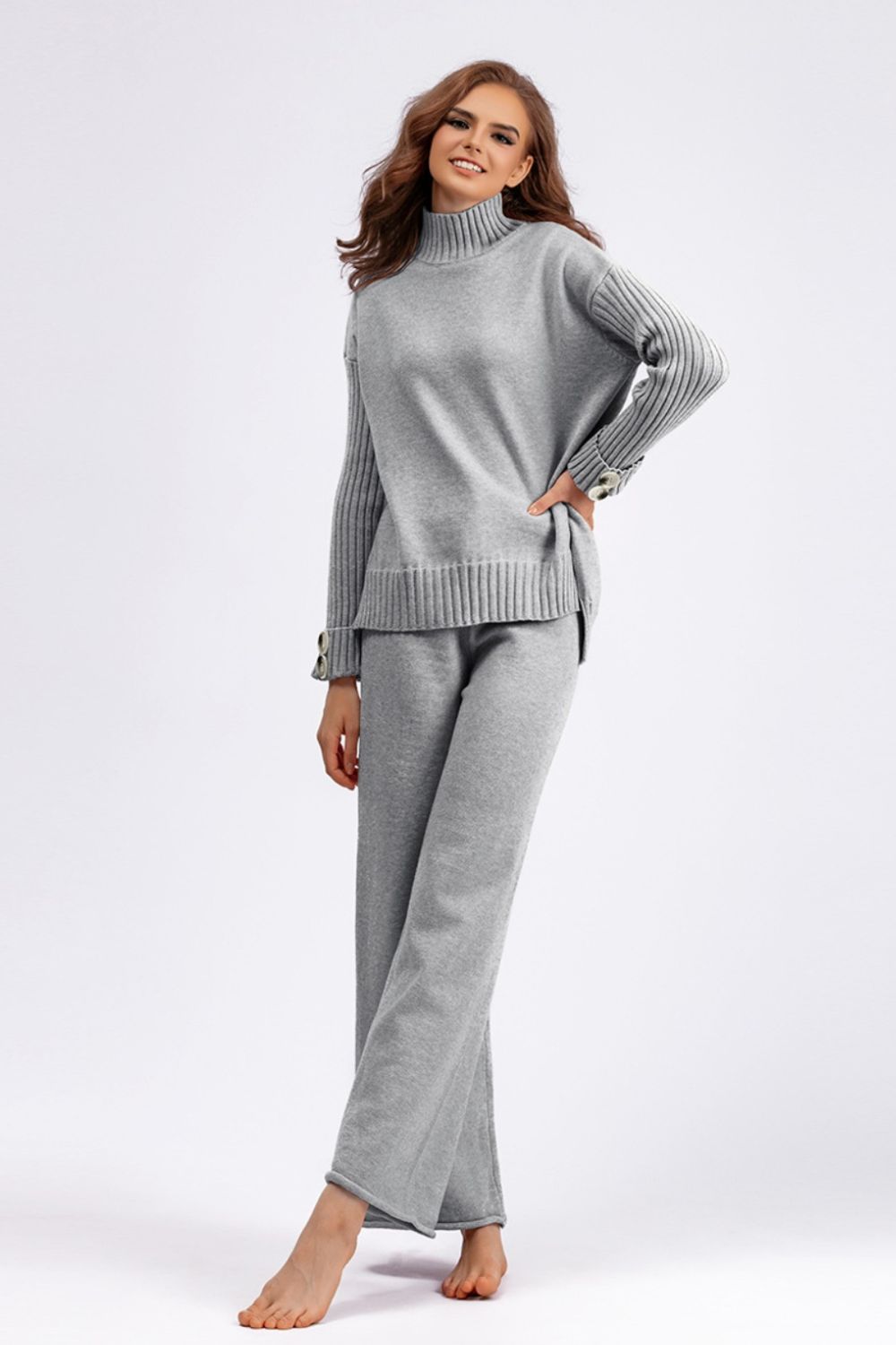 SHIRLYN High- Low Turtleneck Long Sleeve Top and Pants Sweater Set