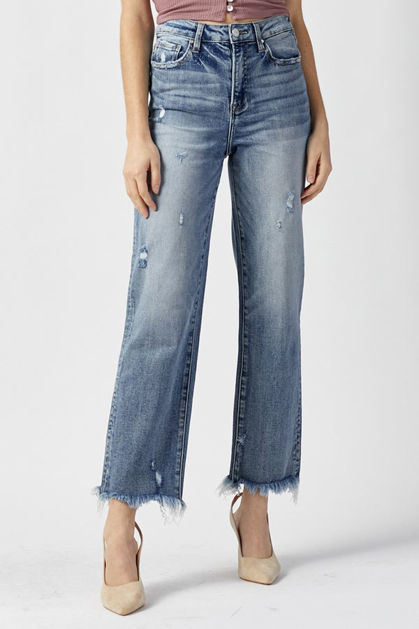 SHIRLYN High Waist Raw Hem Straight Jeans