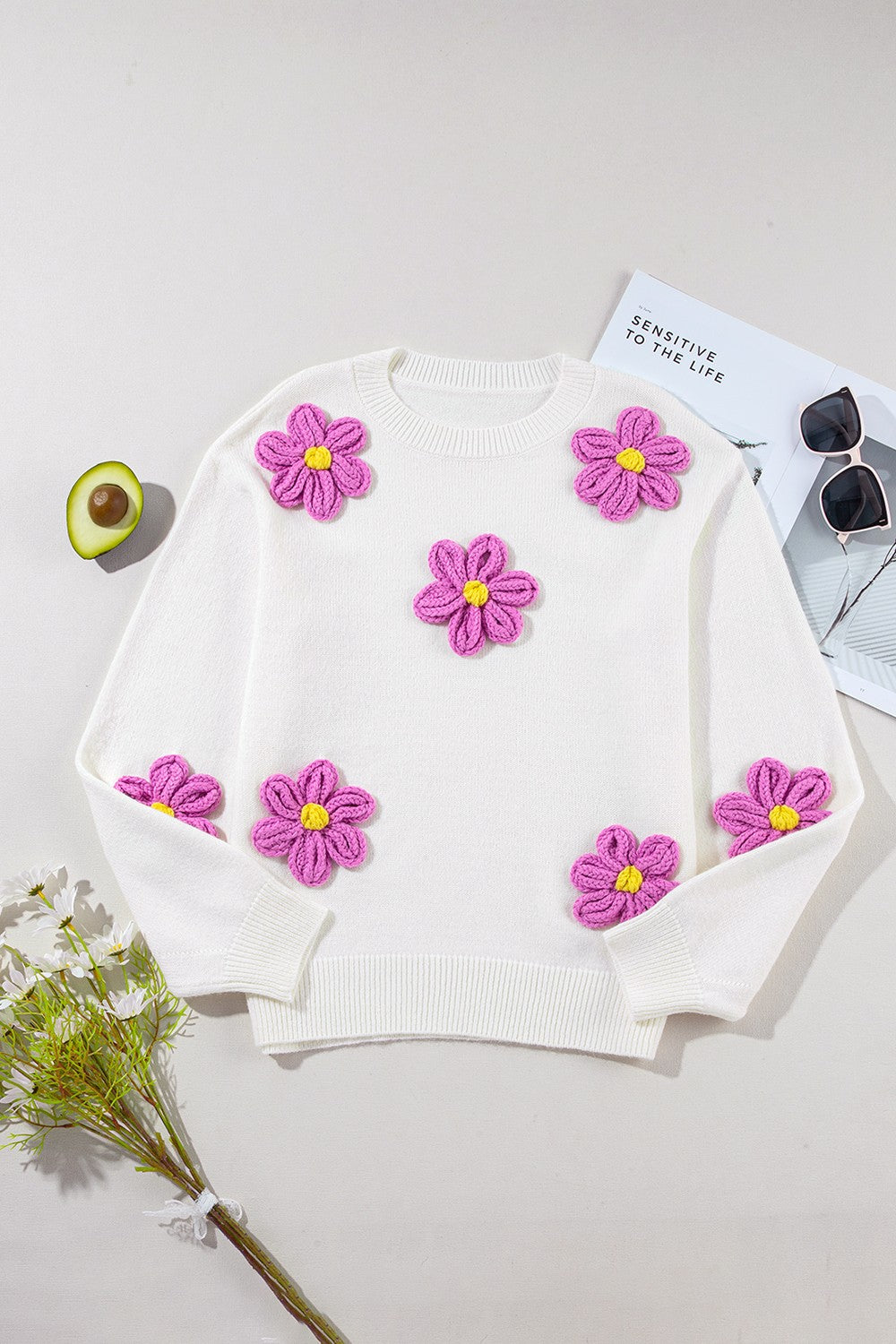 SHIRLYN Crochet Flower Round Neck Long Sleeve Sweater