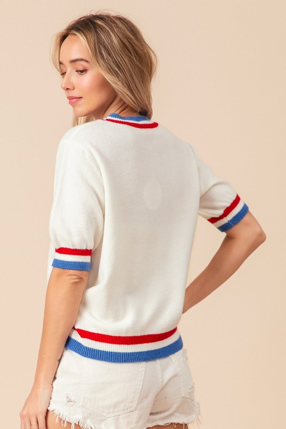 SHIRLYN US Flag Theme Striped Heart Sweater