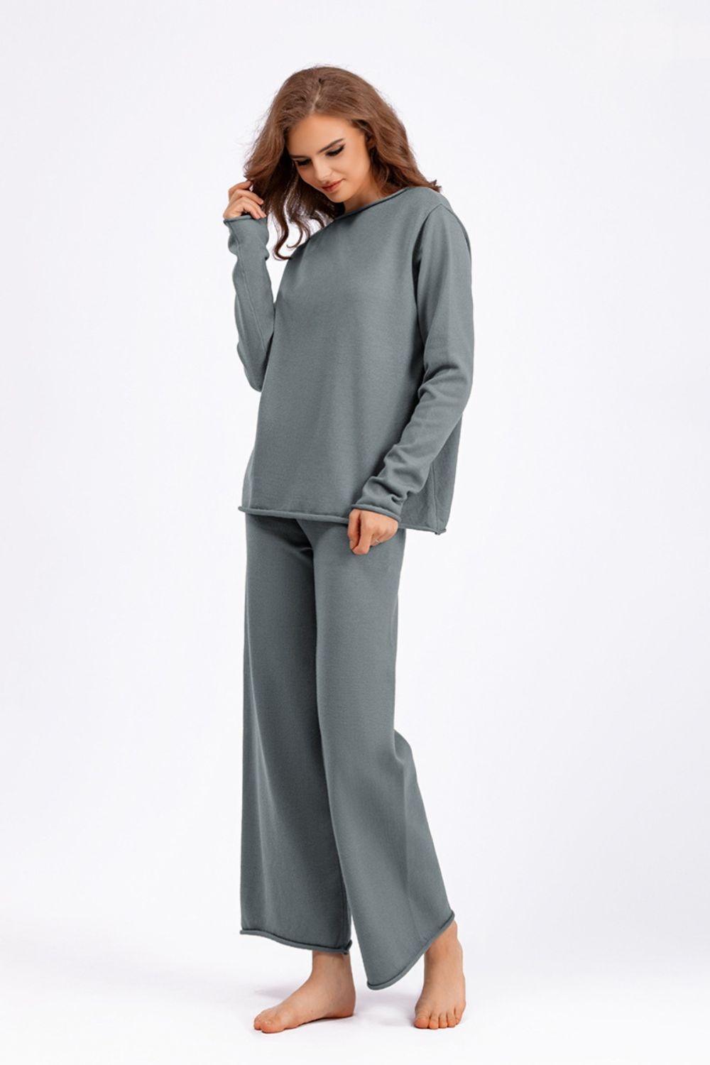 SHIRLYN Rolled Round Neck Top and Pants Sweater Set