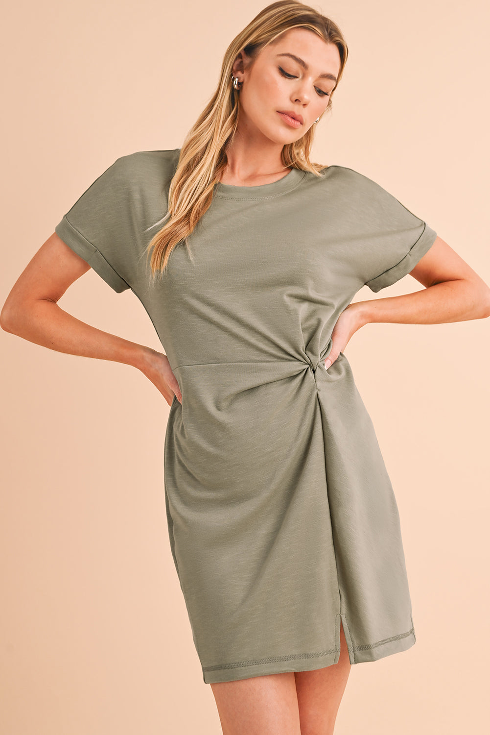 Laurel Green Folded Sleeve Twisted Mini T-Shirt Dress