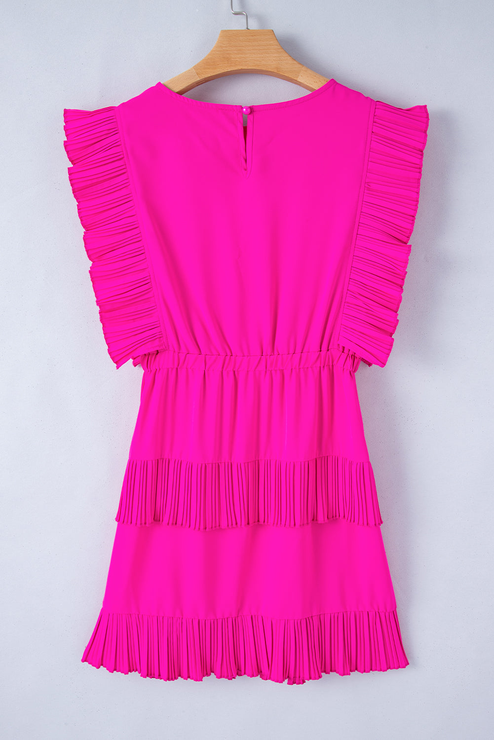 Bright Pink Pleated Layered Ruffle Sleeveless Mini Dress