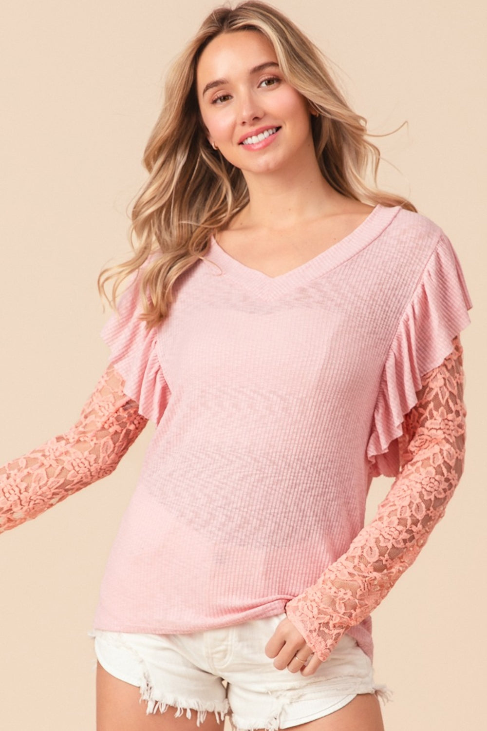 SHIRLYN Ruffled Lace Sleeve Rib Knit Top