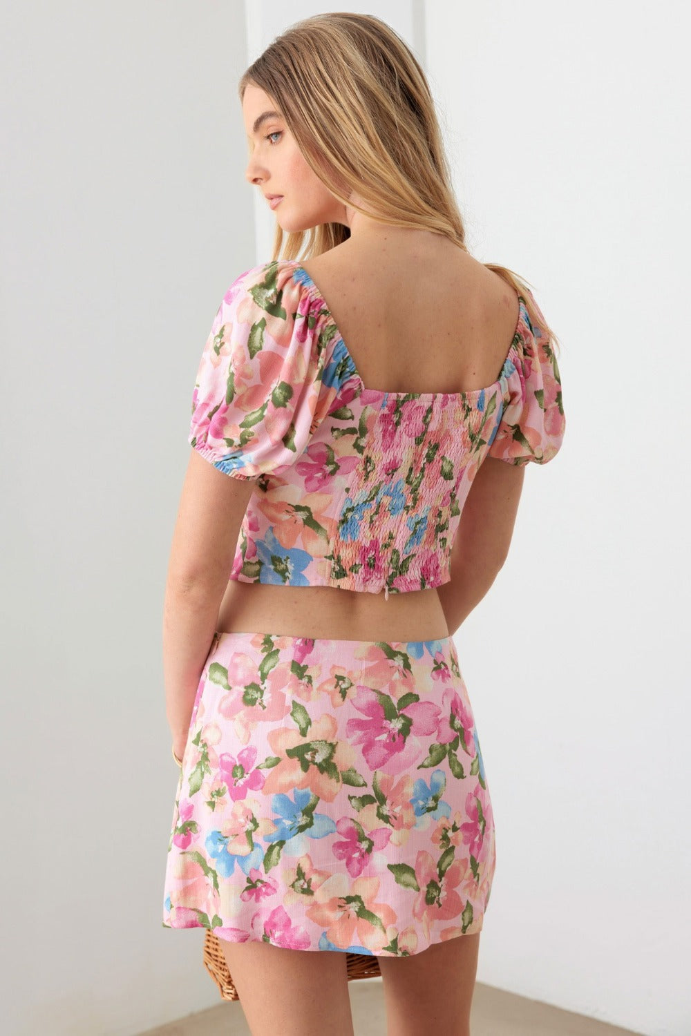 SHIRLYN - Floral Puff Sleeve Crop Top and Mini Skirt Set