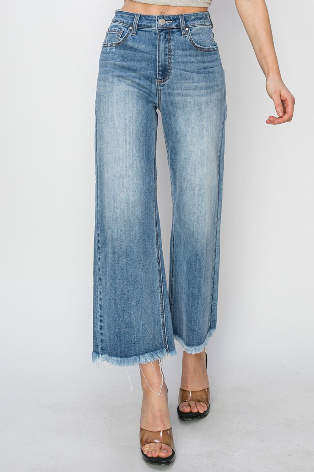 SHIRLYN Raw Hem Cropped Wide Leg Jeans