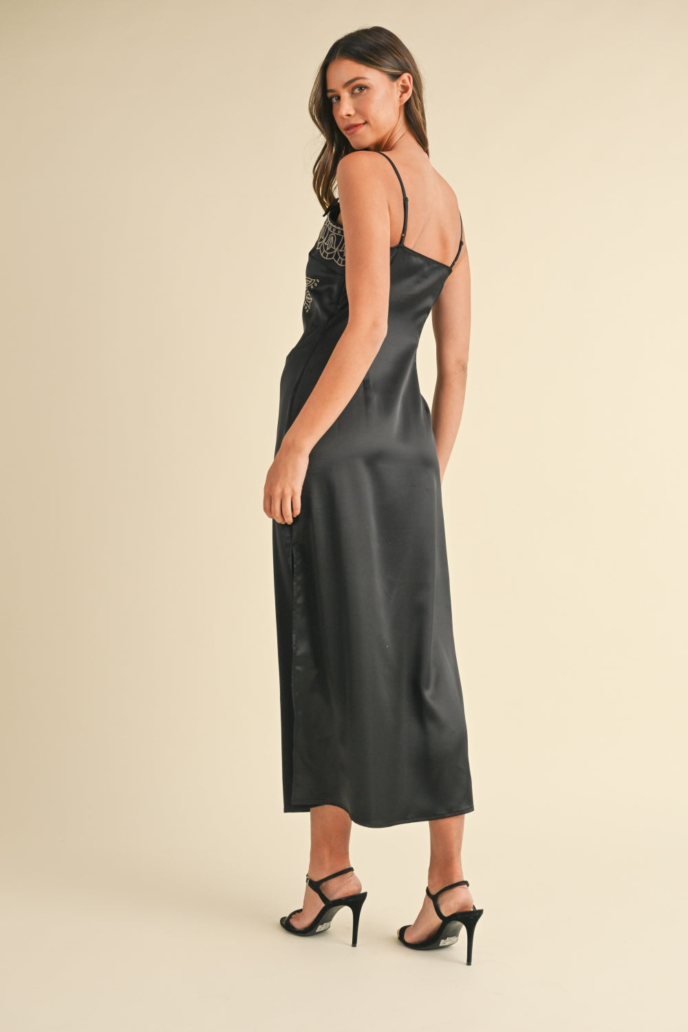 SHIRLYN.CO Embroidered Cami Satin Midi Slit Dress