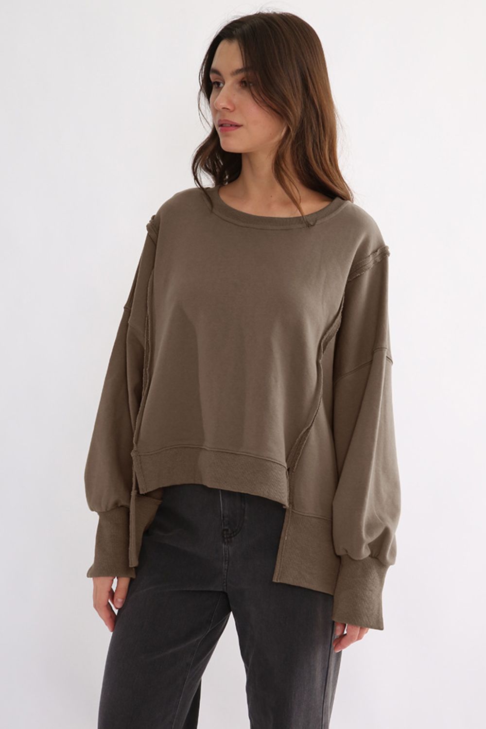 Exposed Seam High-Low Long Sleeve Sweatshirt