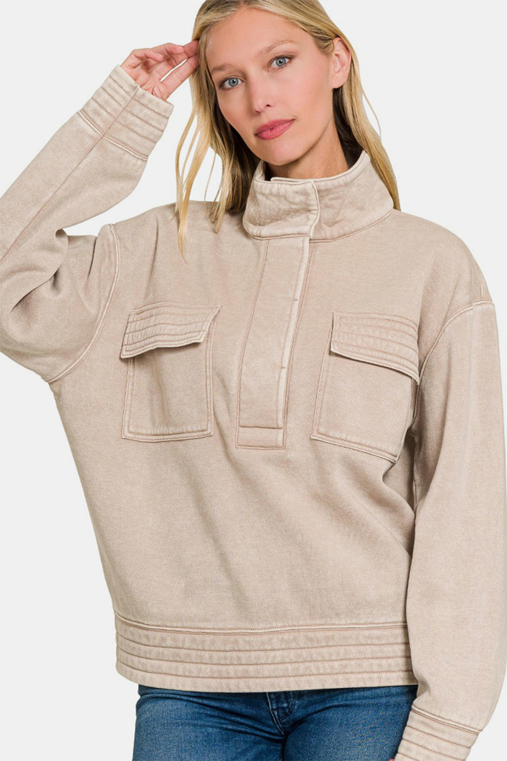 SHIRLYN Washed Half Snap Fleece Sweatshirt