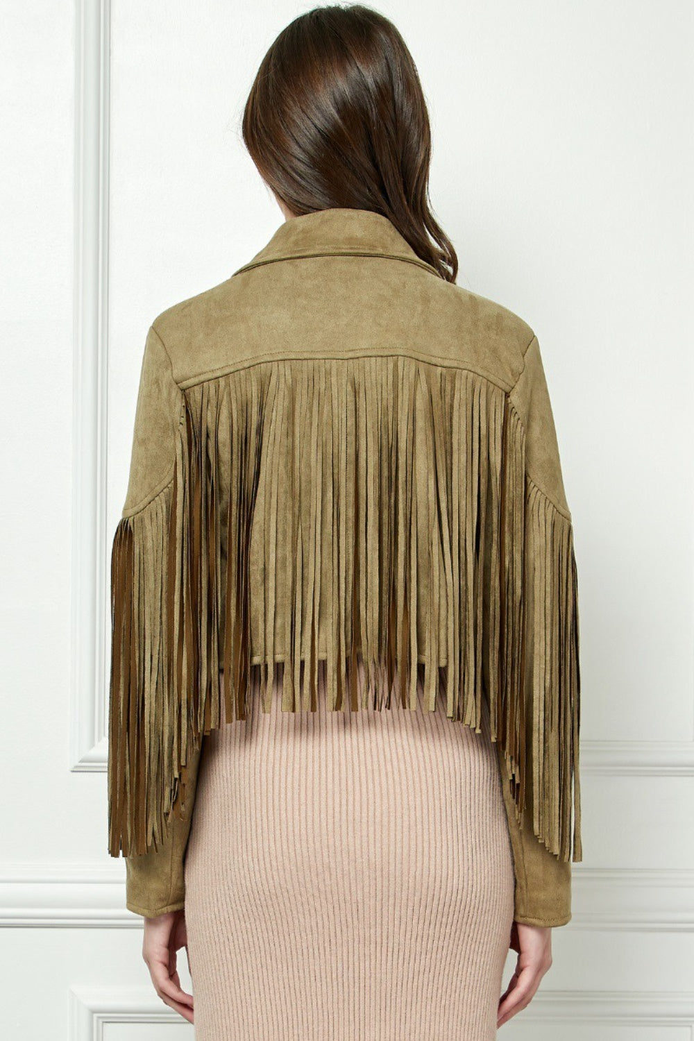 SHIRLYN - Veveret Suede Fringe Long Sleeve Moto Jacket