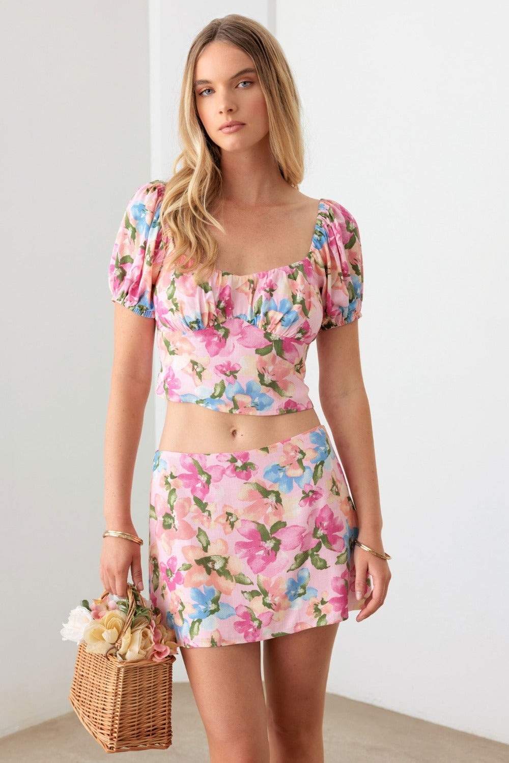 SHIRLYN - Floral Puff Sleeve Crop Top and Mini Skirt Set