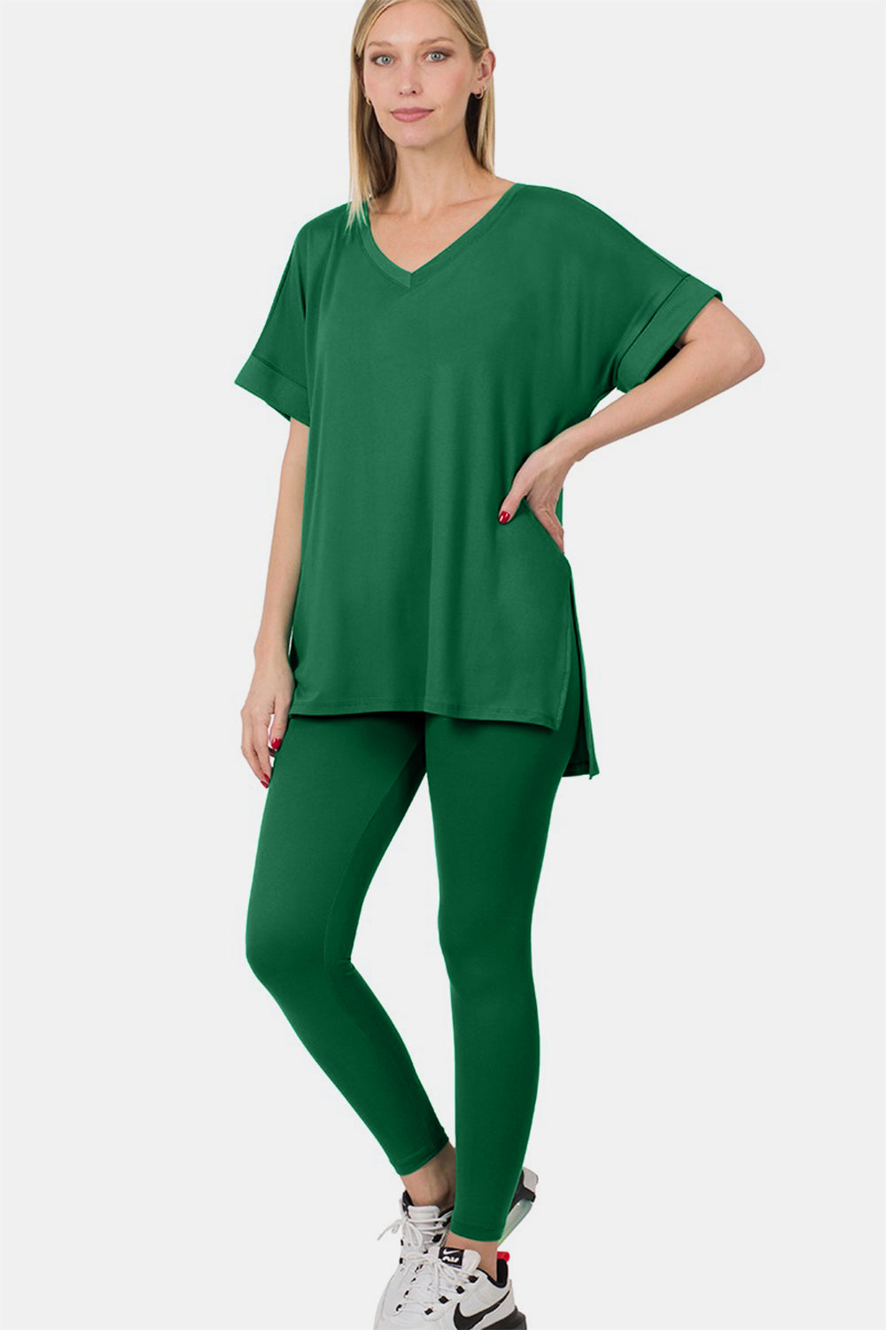 SHIRLYN - V-Neck Rolled Short Sleeve T-Shirt and Leggings Lounge Set