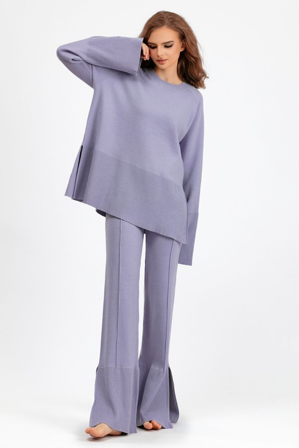 SHIRLYN Slit Round Neck Long Sleeve Top and Drawstring Pants Sweater Set