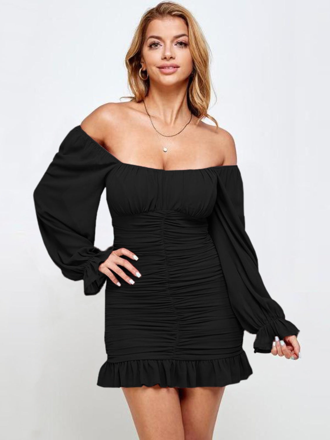 Ruffled Ruched Flounce Sleeve Mini Dress