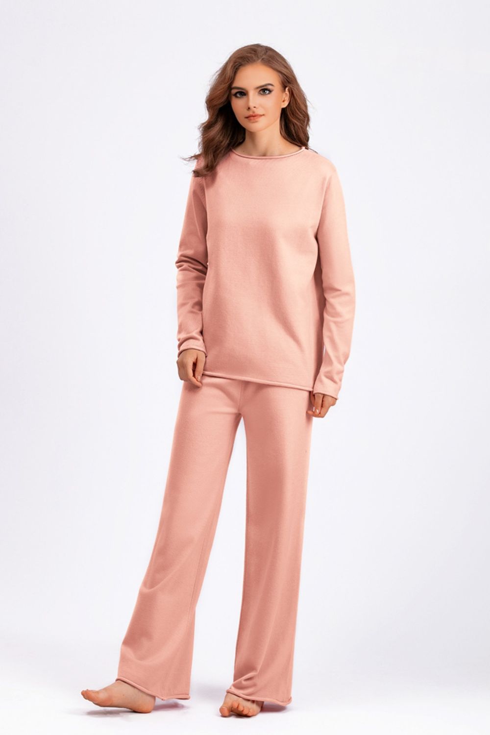 SHIRLYN Rolled Round Neck Top and Pants Sweater Set