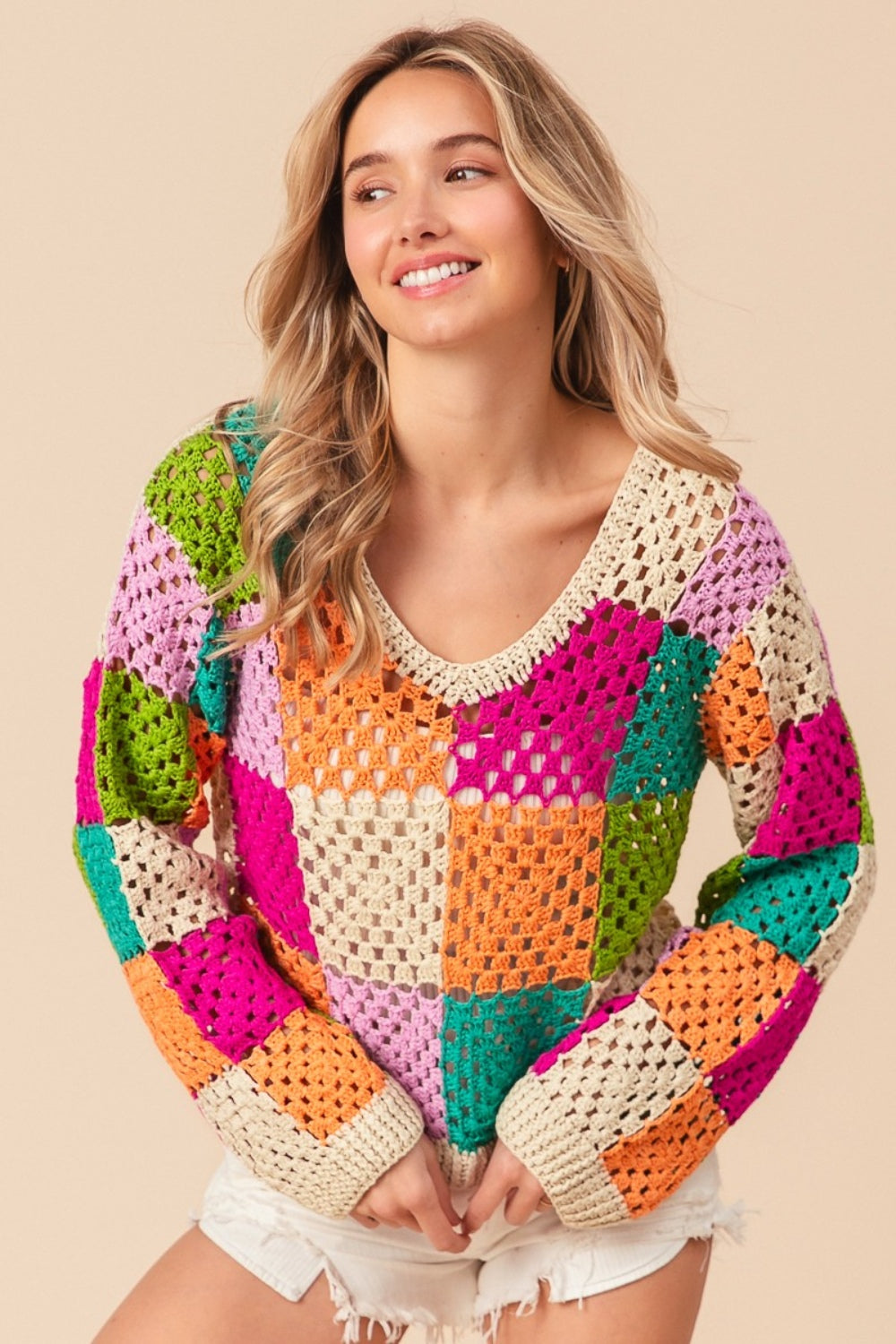 SHIRLYN Multi Color Checkered Long Sleeve Knit Top