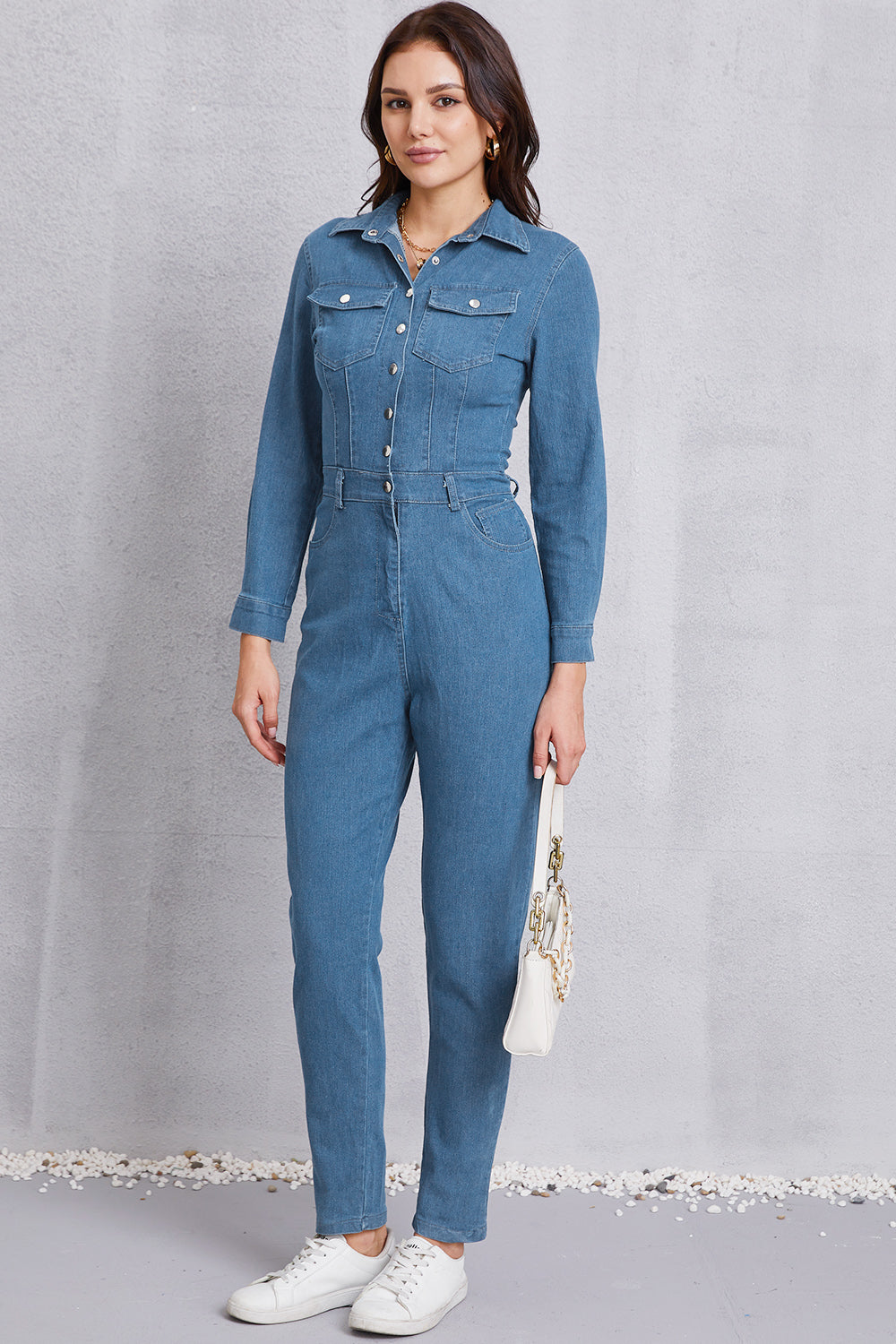 SHIRLYN Snap Down Denim Jumpsuit with Pockets