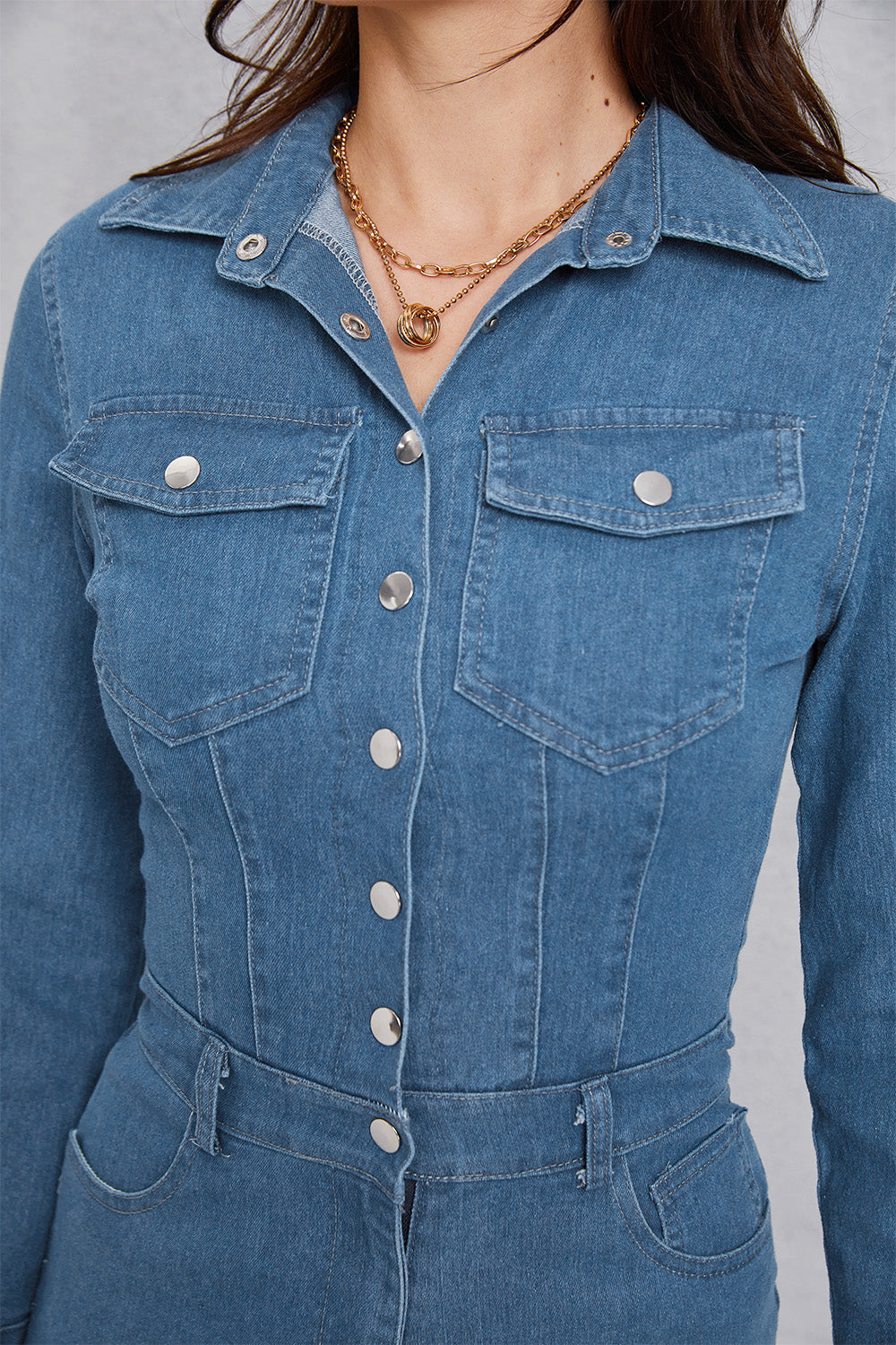 SHIRLYN Snap Down Denim Jumpsuit with Pockets