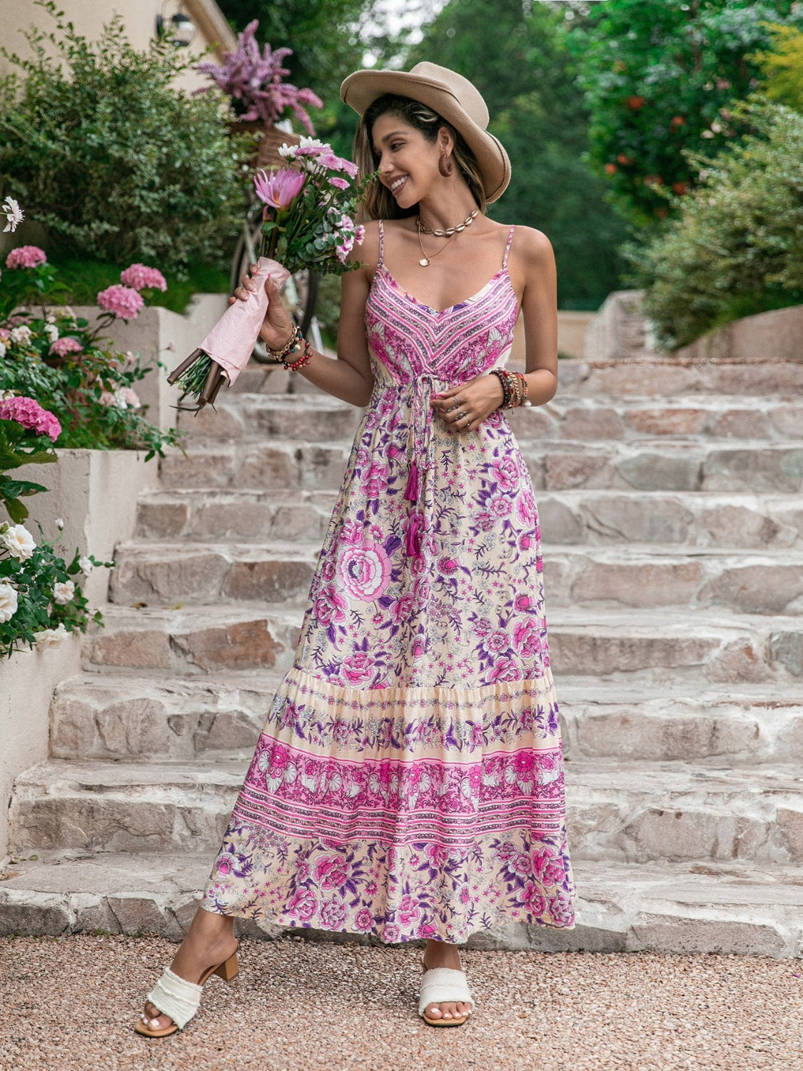 Tassel Printed V-Neck Maxi Dress