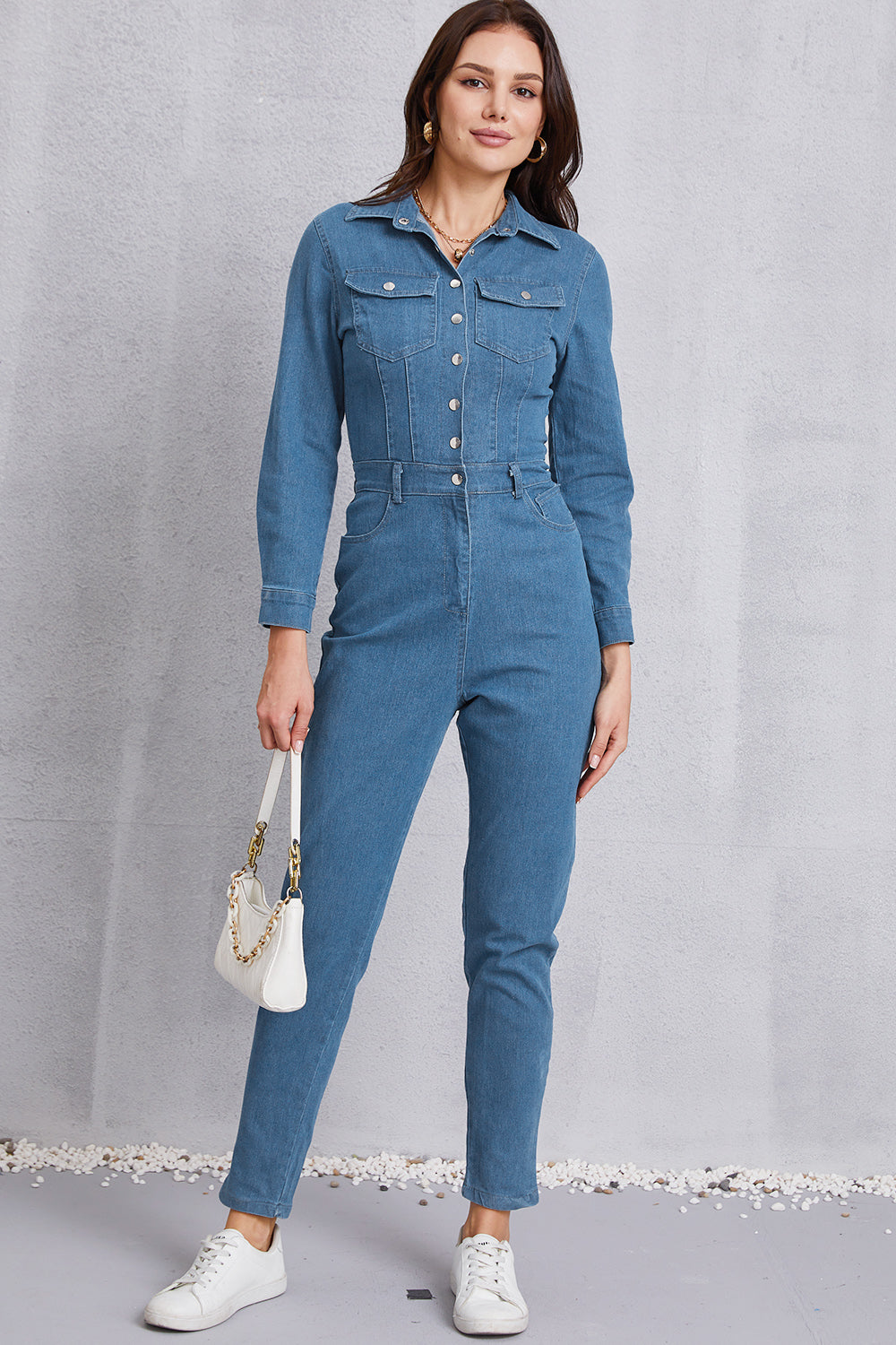 SHIRLYN Snap Down Denim Jumpsuit with Pockets