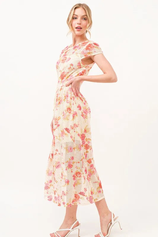Fish-Net Floral Printed Midi Dress in bold floral print, summer party outfit